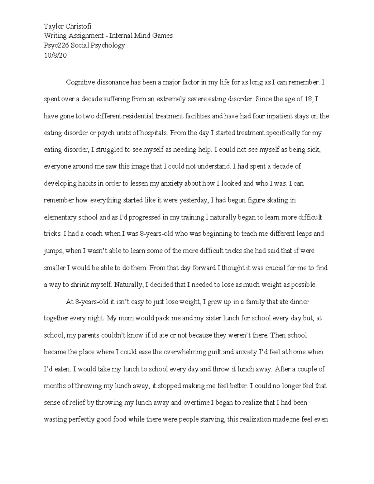 Psyc226 mind game assignment - Writing Assignment - Internal Mind Games ...