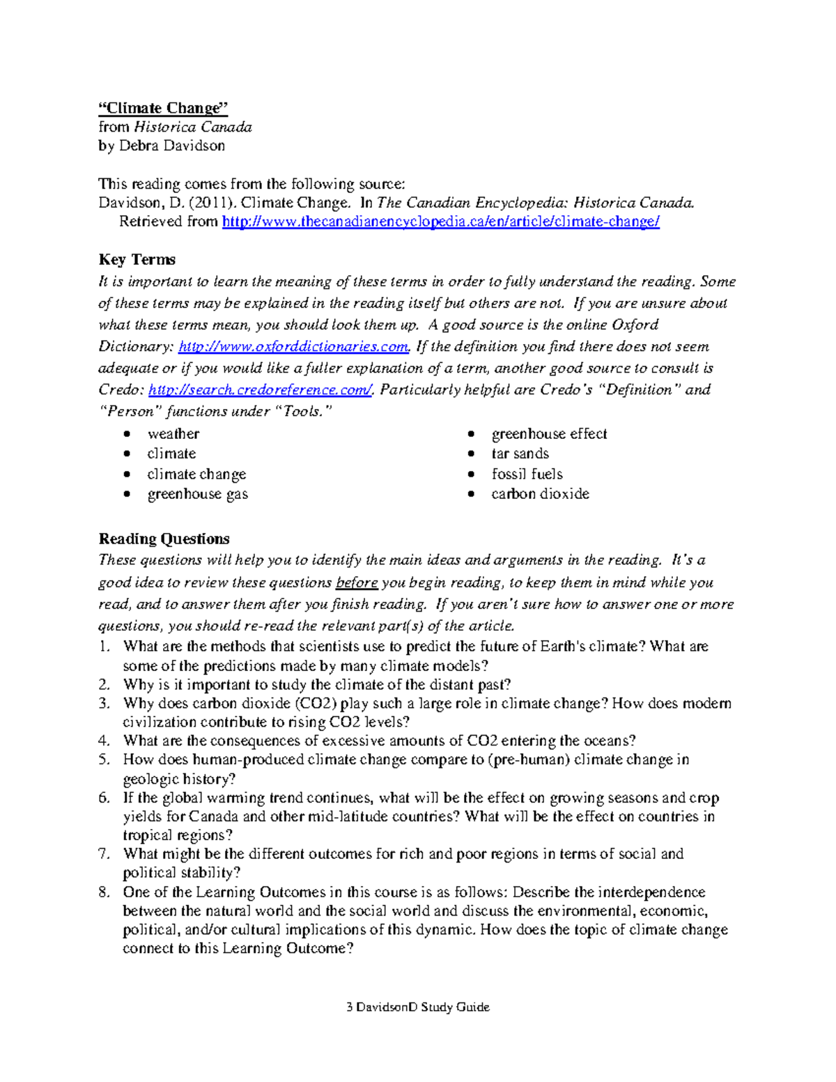 Study Guide - Climate Change by Debra Davidson - 3 DavidsonD Study ...
