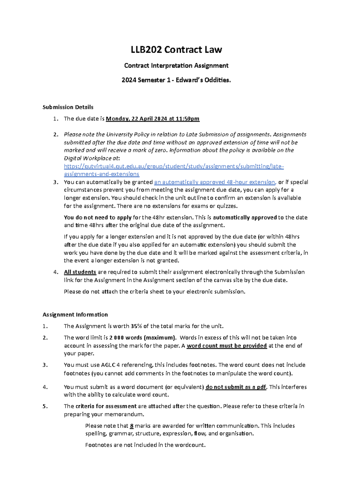 LLB202 2024 s1 Contract Interpretation Assignment Question - LLB202 ...