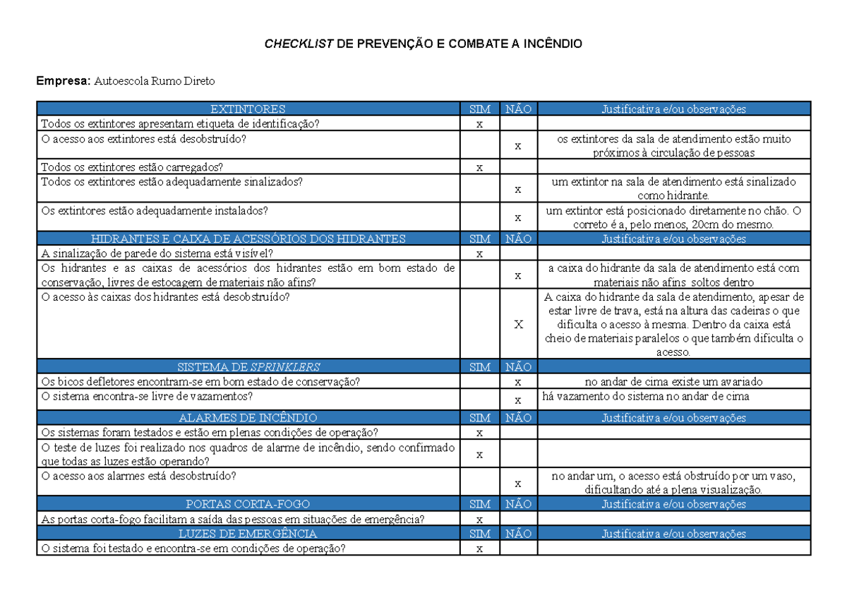 CHECKLIST DE PREVENÇÃO E COMBATE A INCÊNDIO - CHECKLIST DE PREVENÇÃO E ...