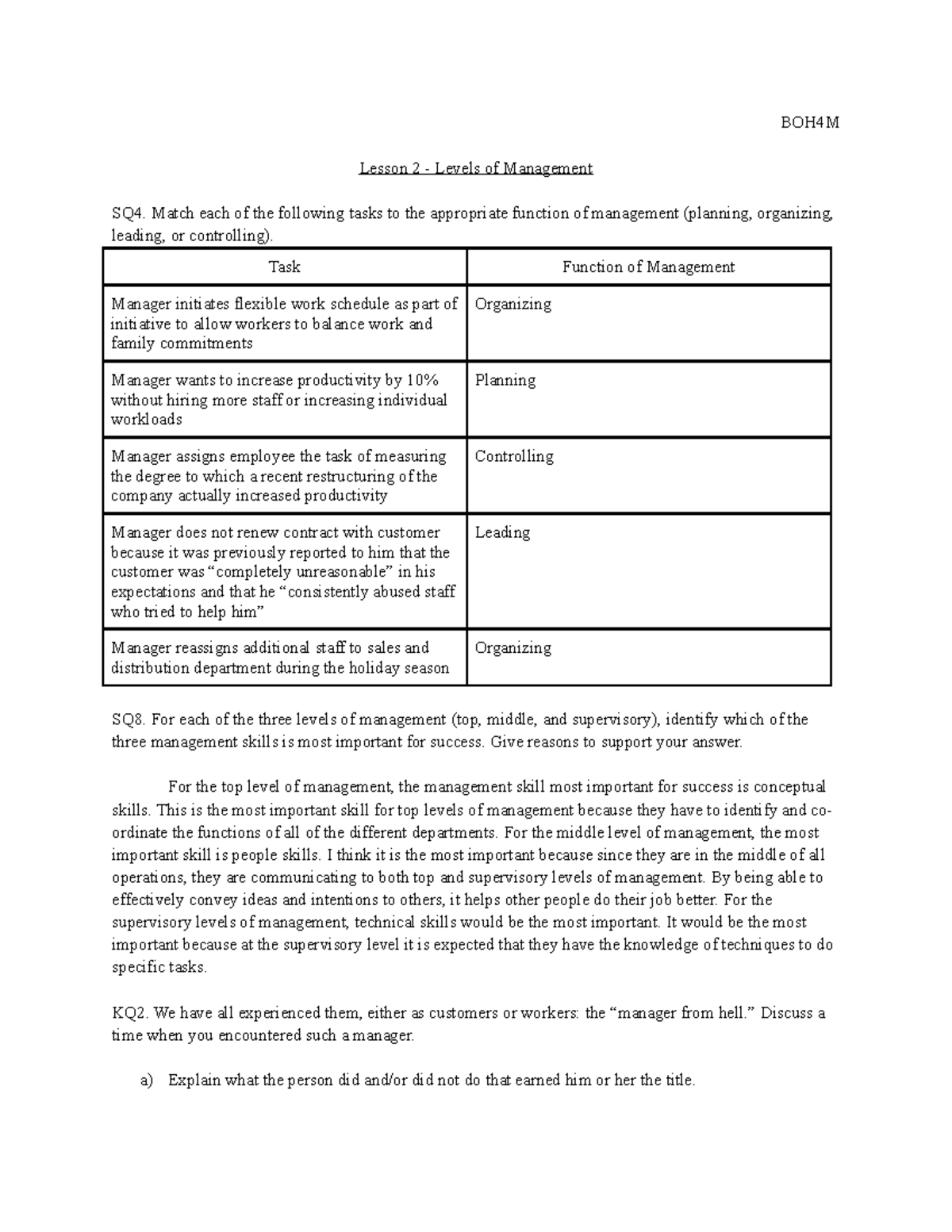 Lesson 2 - Levels of Management - BOH4M Lesson 2 - Levels of Management ...