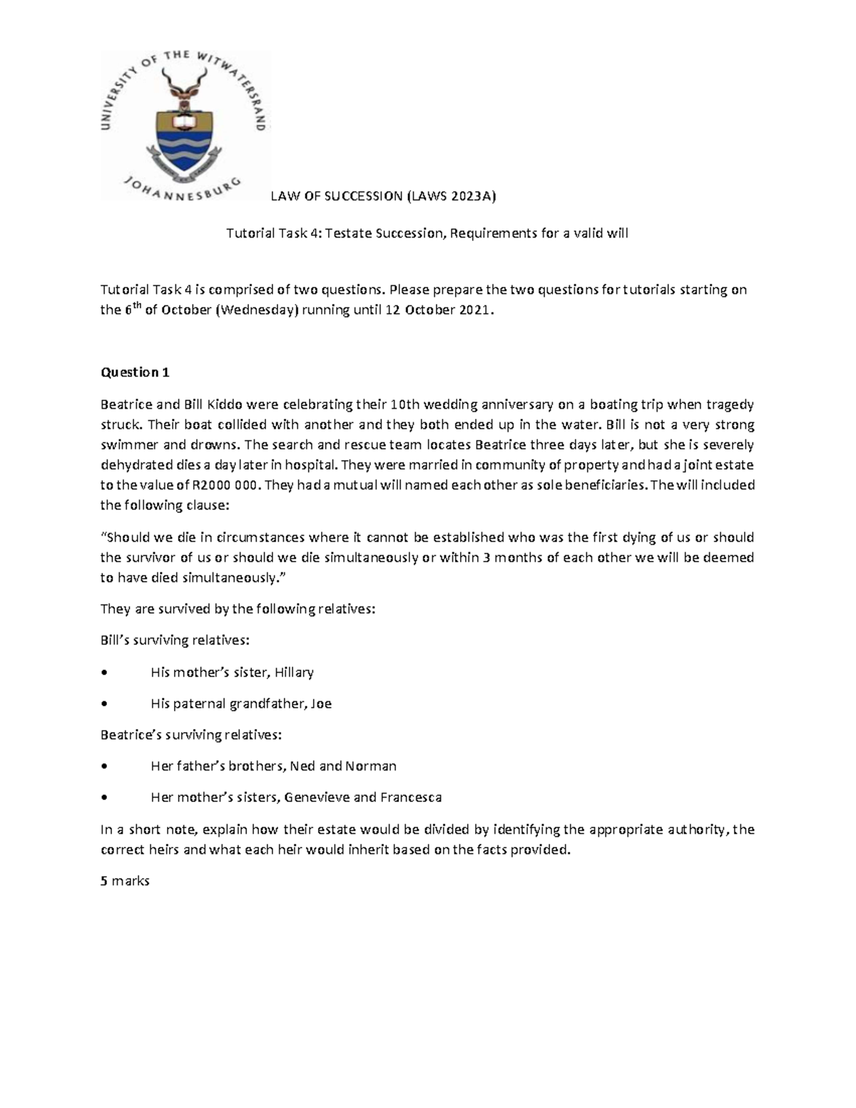 Tutorial Task 4 Testate Succession - LAW OF SUCCESSION (LAWS 2023A ...