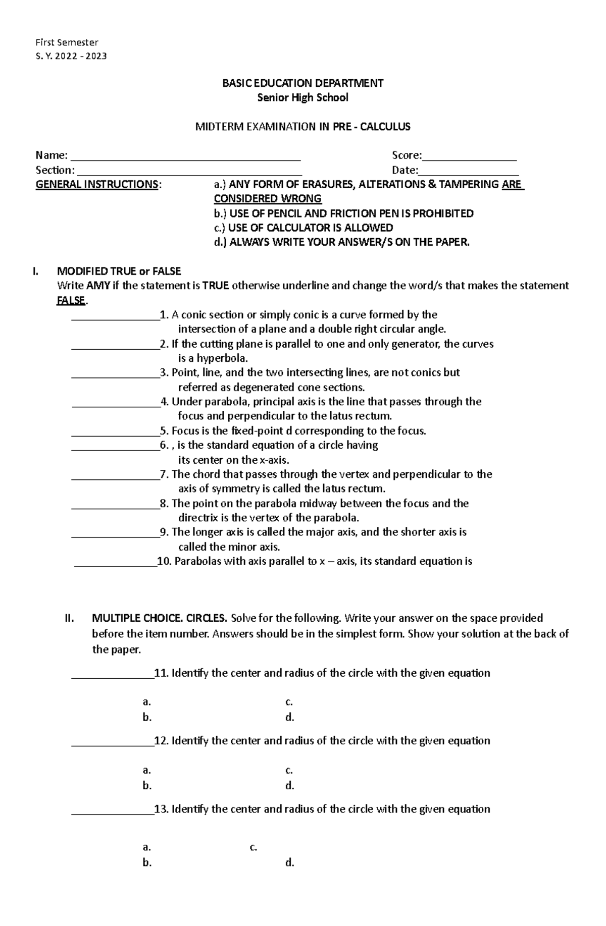 Midterm Examination Pre Calculus - First Semester S. Y. 2022 - 2023 ...