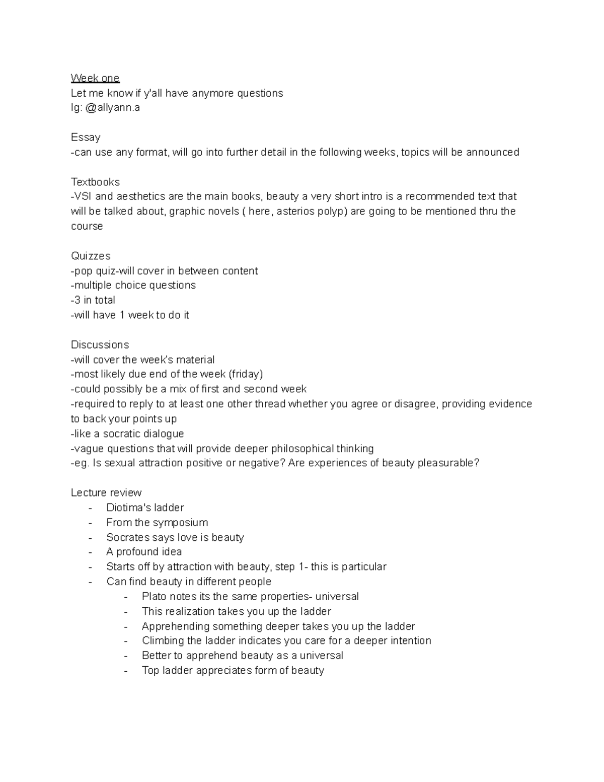 PHL week 1 onward - for philoshophy - Week one Let me know if y'all ...