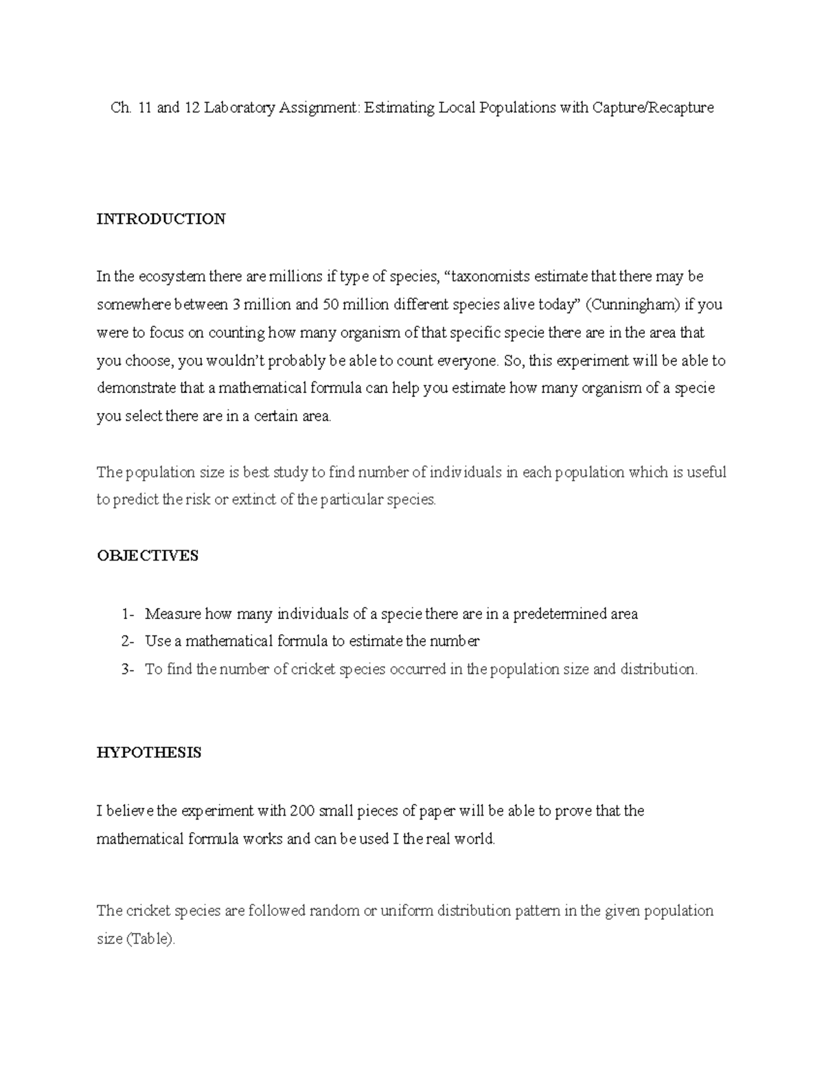 Ch. 11 and 12 Laboratory Assignment Estimating Local Populations with ...