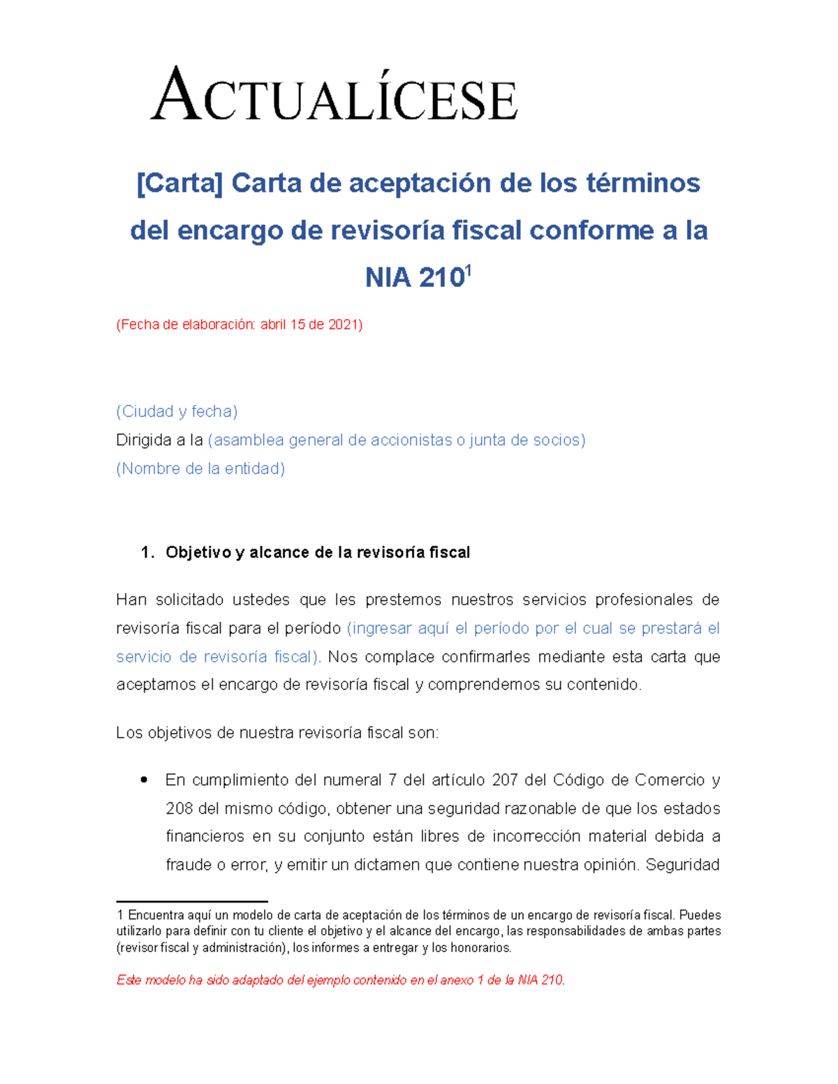 VA21 Carta aceptacion encargo revisoria - [Carta] Carta de aceptación ...