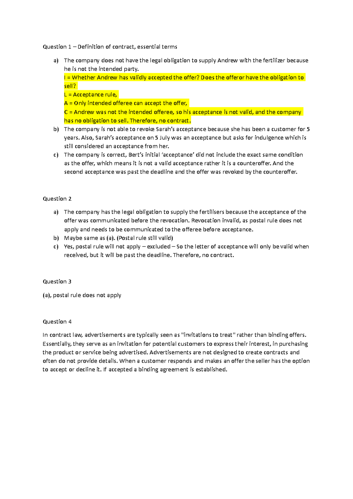 Tutorial 1 Prep - Comlaw 201 - Question 1 – Definition of contract ...
