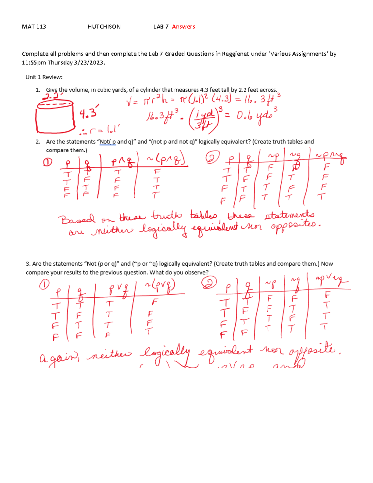 Lab 7 Answers - mat 113 - MAT 113 HUTCHISON LAB 7 Answers Complete all ...