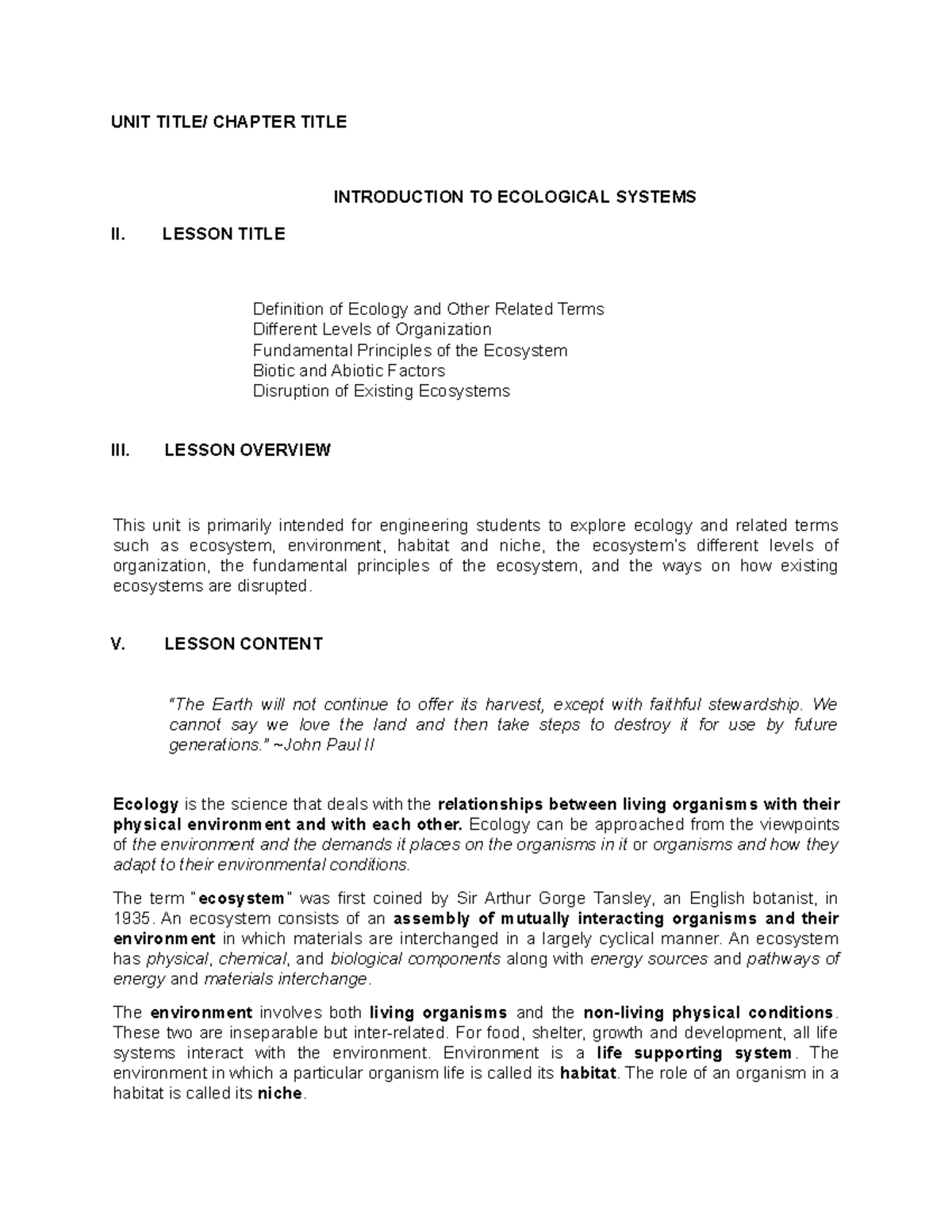 People and the Earth’s ecosystem 1 - UNIT TITLE/ CHAPTER TITLE ...