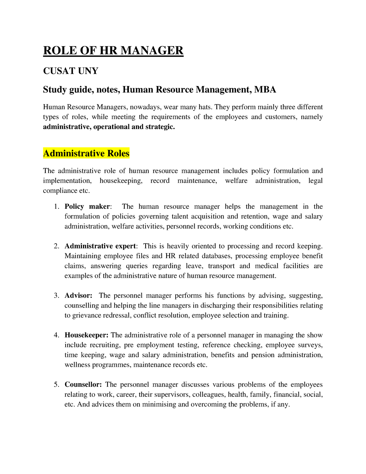 role-of-hr-manager-role-of-hr-manager-cusat-uny-study-guide-notes