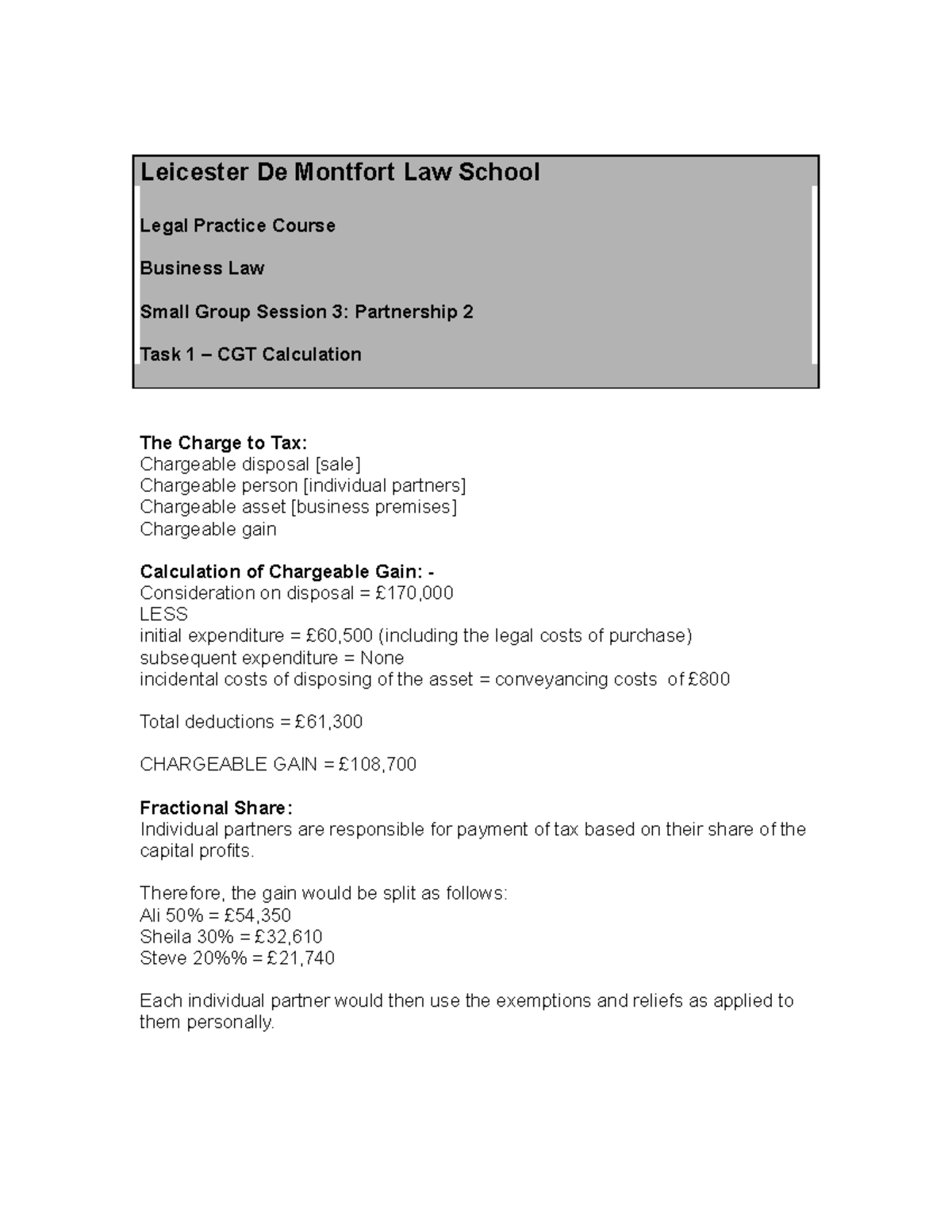 CGT Calculation Leicester De Montfort Law School Legal Practice
