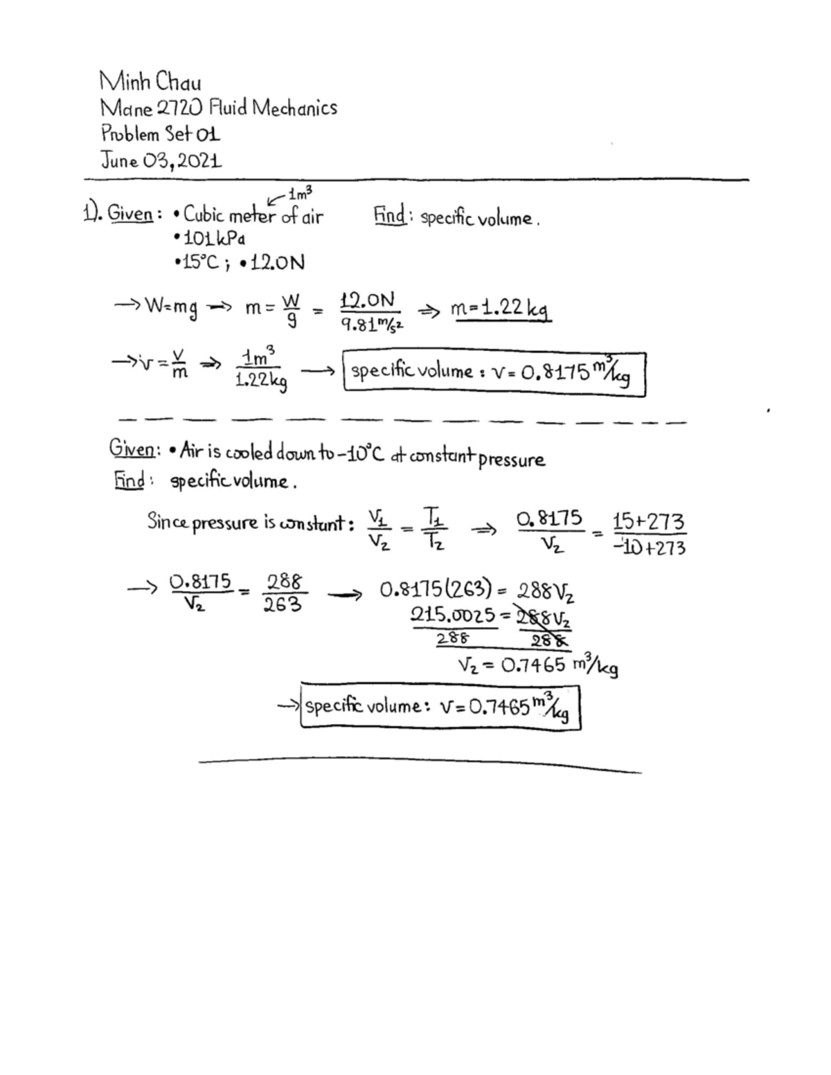 Specific Volume, Viscous Liquids, Velocity Field - MANE-2720 - Studocu