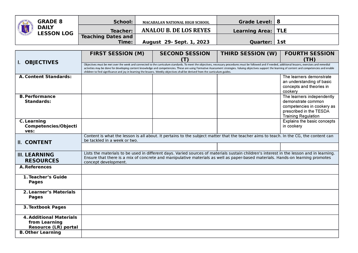 1st Week TLE Cookery - GRADE 8 DAILY LESSON LOG School: MACABALAN ...