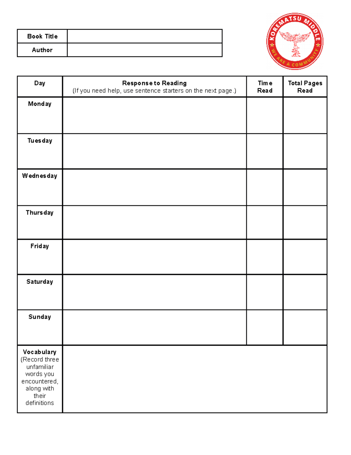 Azan Zahid - Reading Log - Book Title Author Day Response to Reading ...