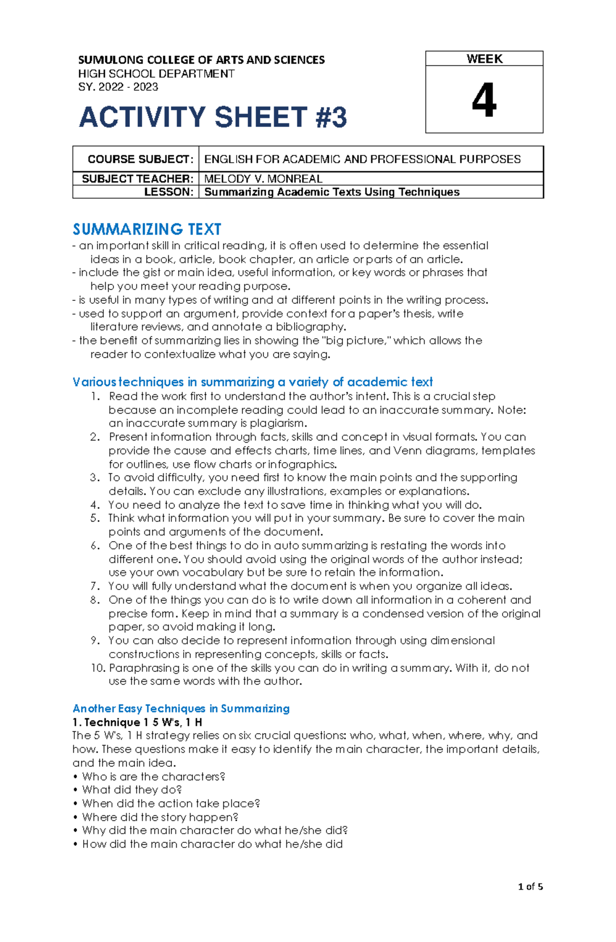 EAPP AS #3 - EAPP - SUMULONG COLLEGE OF ARTS AND SCIENCES ####### HIGH ...