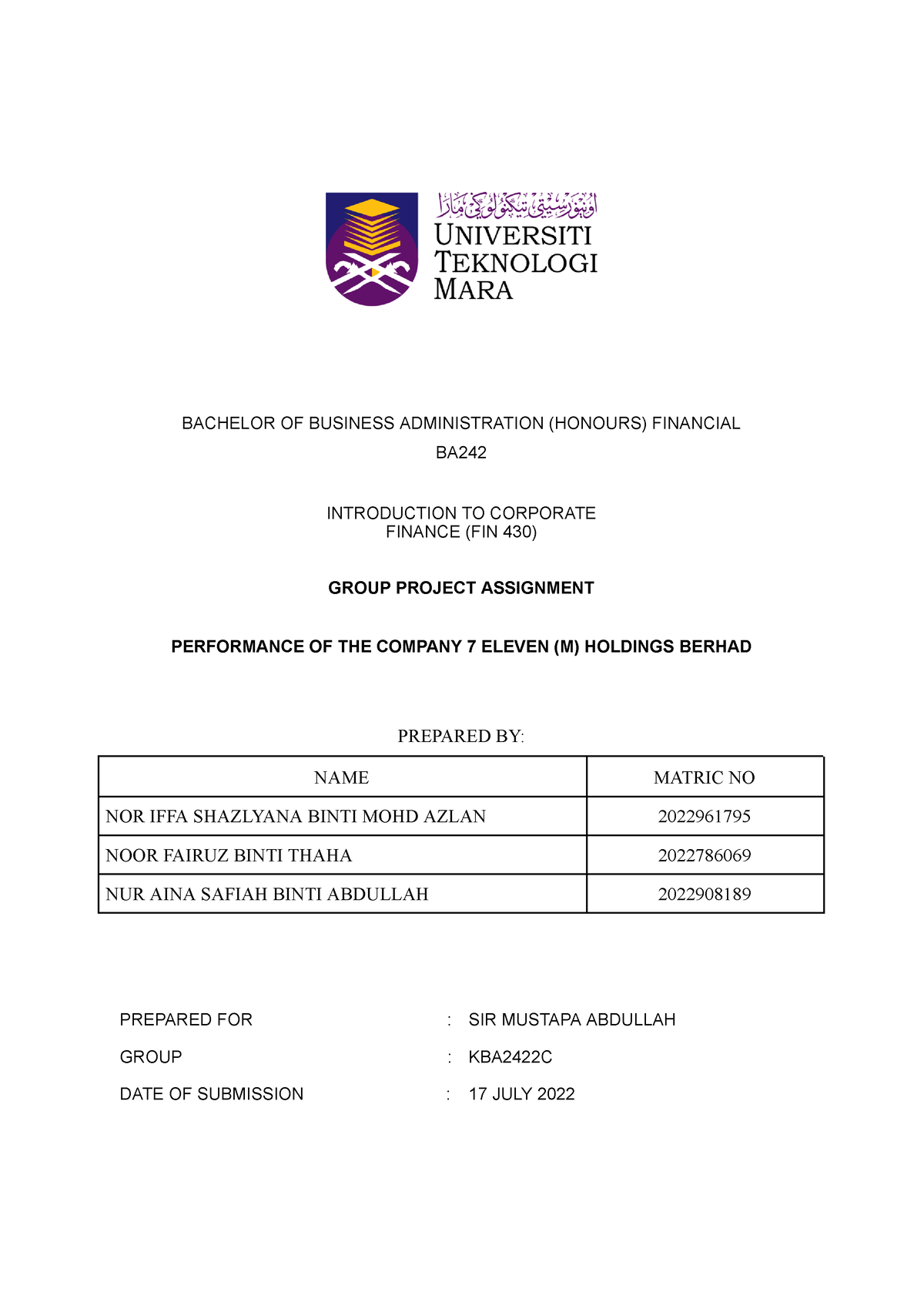 fin430 group assignment company analysis