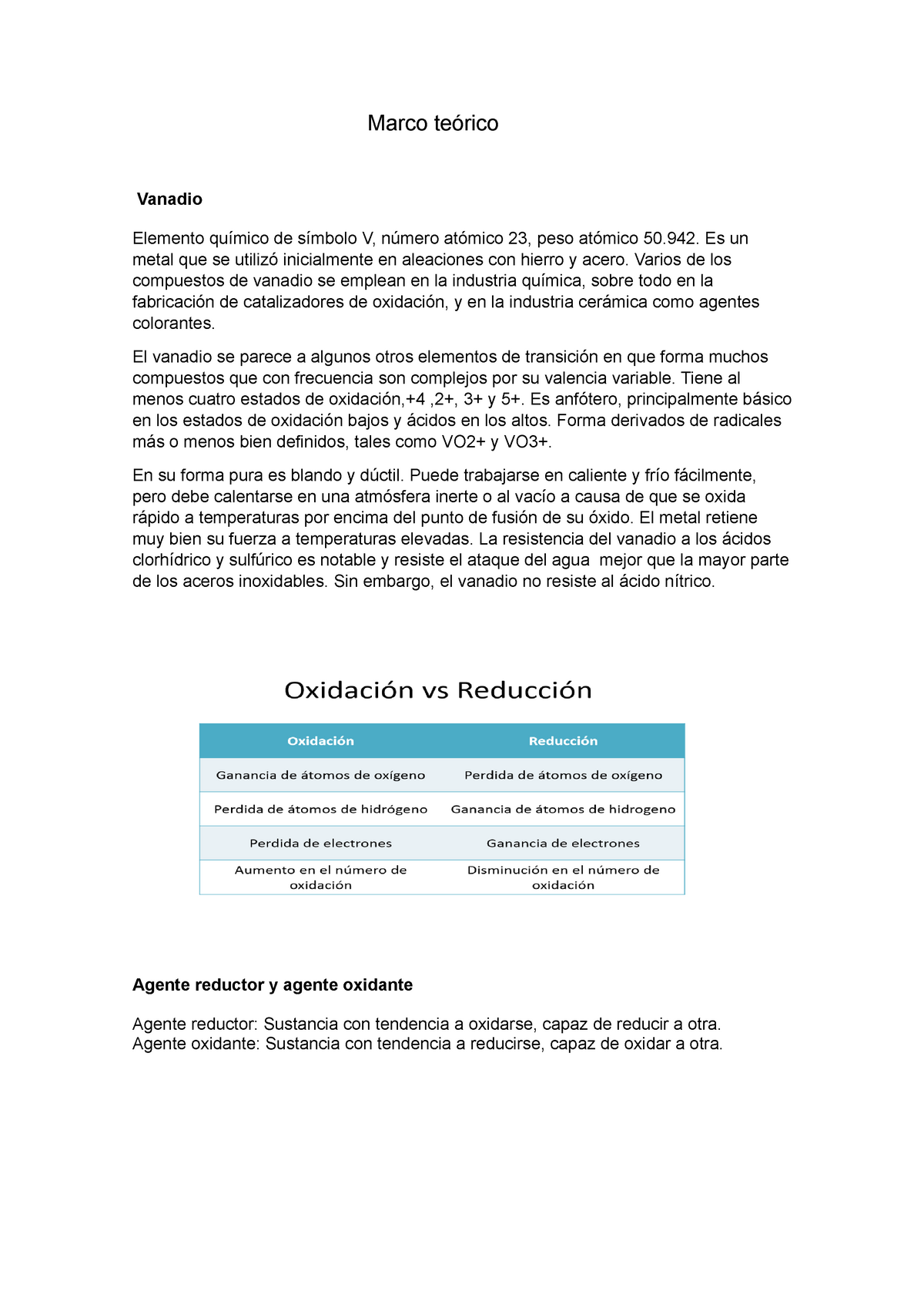 Practica 8 inogrnica 3 - Nota: 14 - Marco teórico Vanadio Elemento químico  de símbolo V, número - Studocu