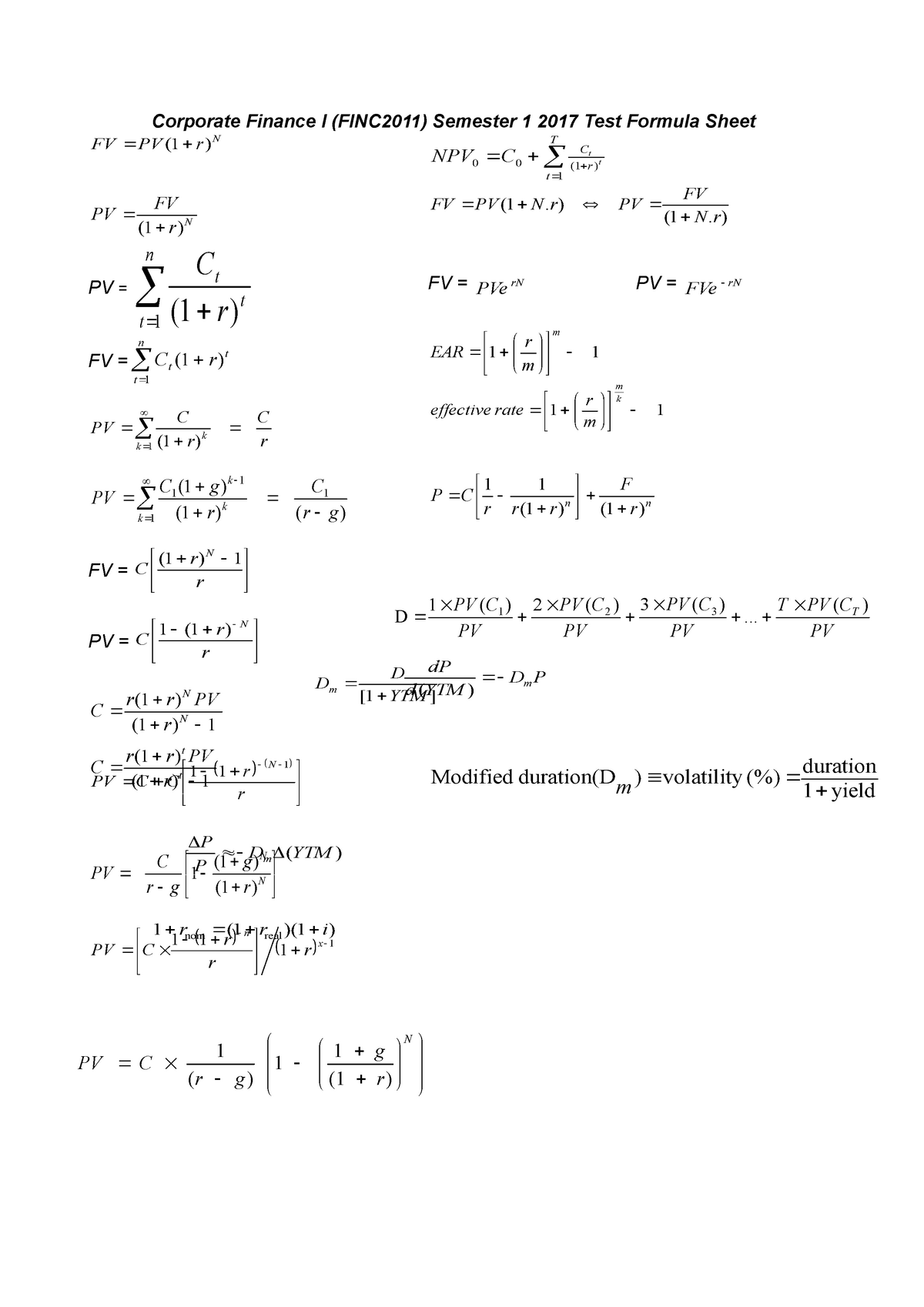 Formula Sheet Semester 1 2017 Corporate Finance I Corporate Finance