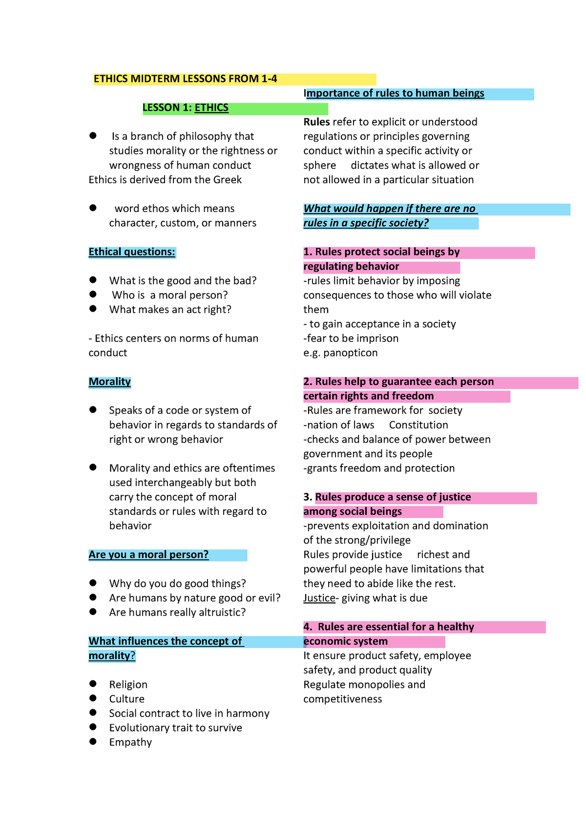 Ethics- Midterm - ETHICS MIDTERM LESSONS FROM 1- LESSON 1: ETHICS Is A ...