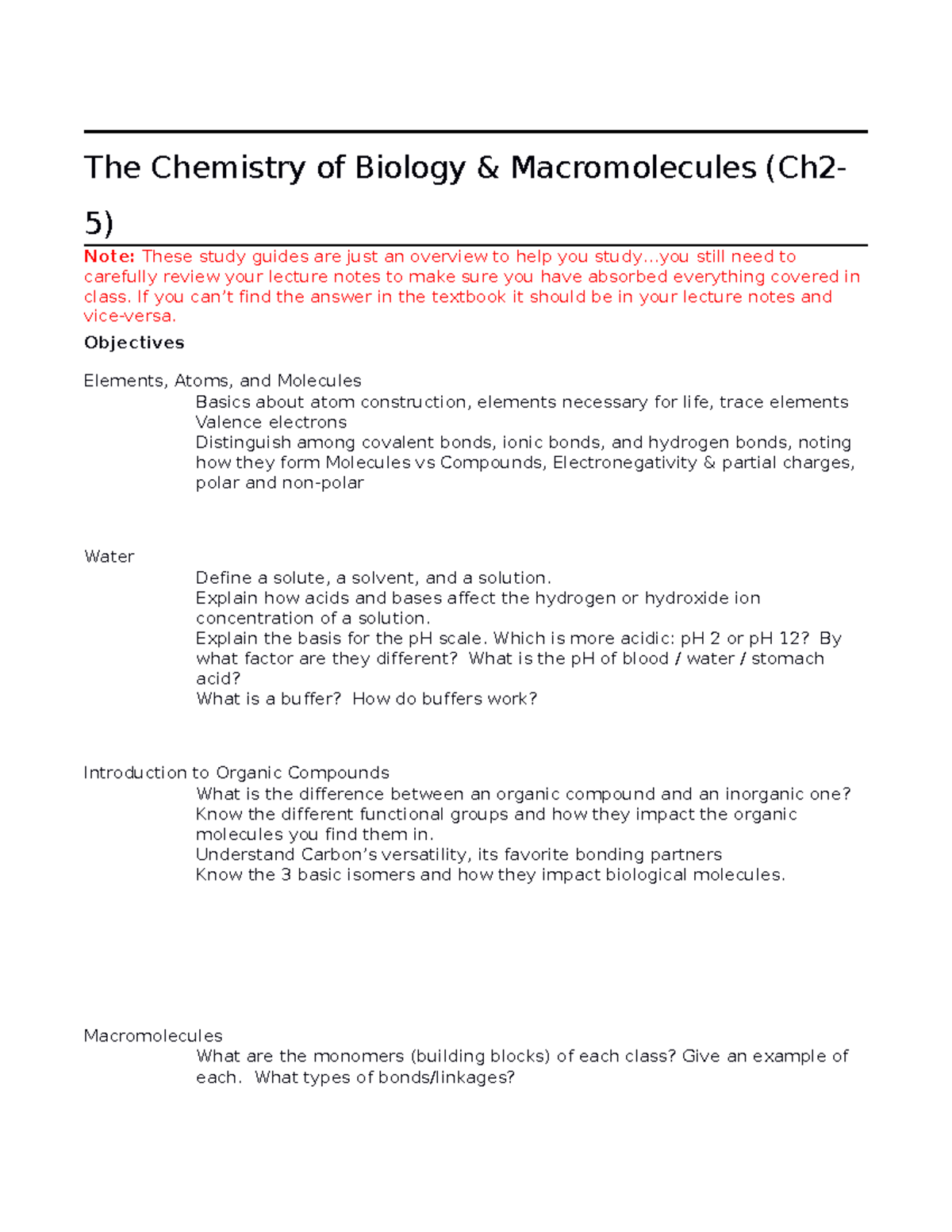 Study Guide Ch2-5 - h a p t e r 2 The Chemistry of Biology ...