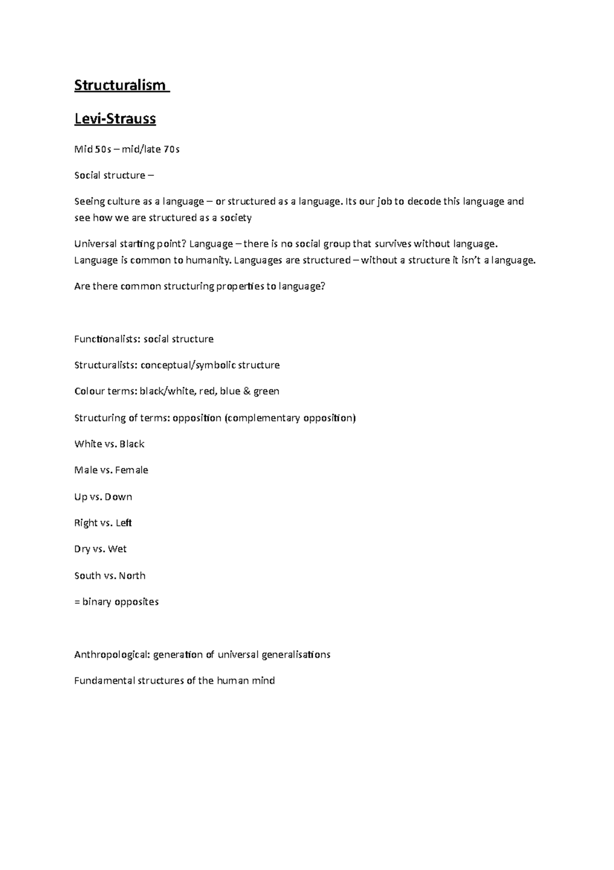 Structuralism - week 4 - Lecture notes 1 - Structuralism Levi-Strauss ...
