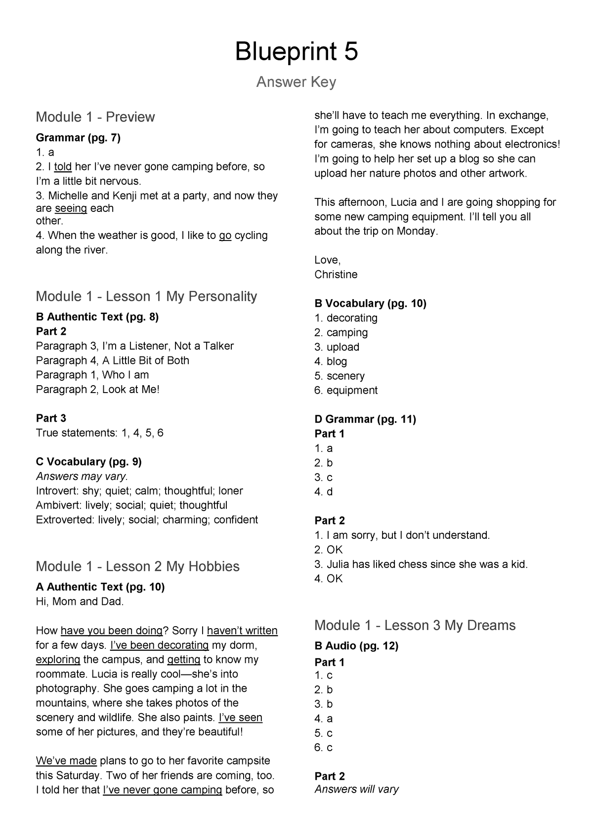 Blueprint 5 AK SB Final RESPUESTAS Blueprint 5 Answer Key Module 1 