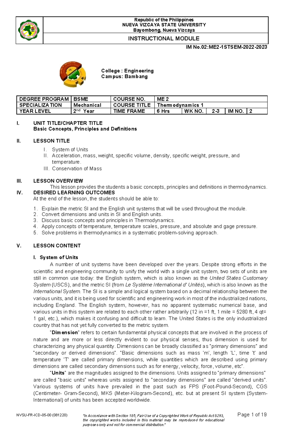 IM2 Thermodynamics NUEVA VIZCAYA STATE UNIVERSITY Bayombong, Nueva