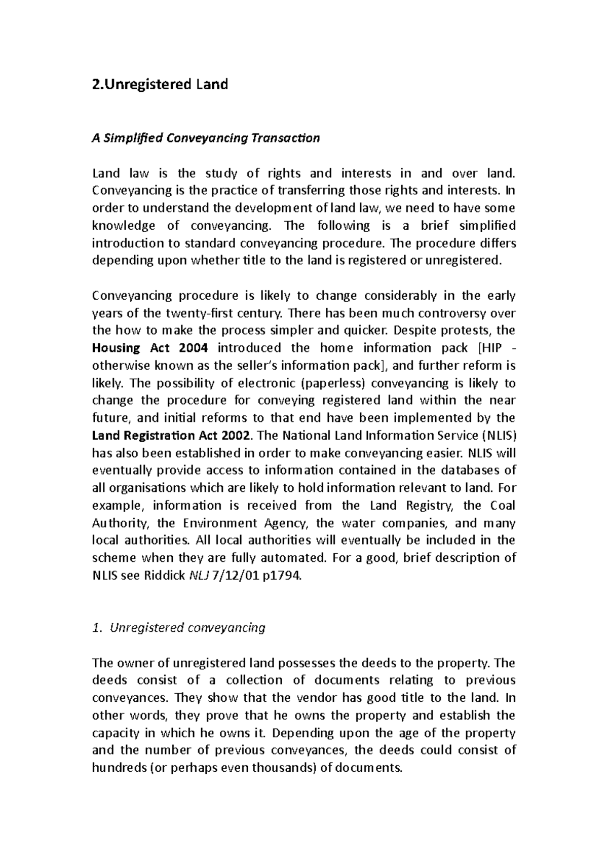 Lecture summary - unregistered land - 2 Land A Simplified Conveyancing ...