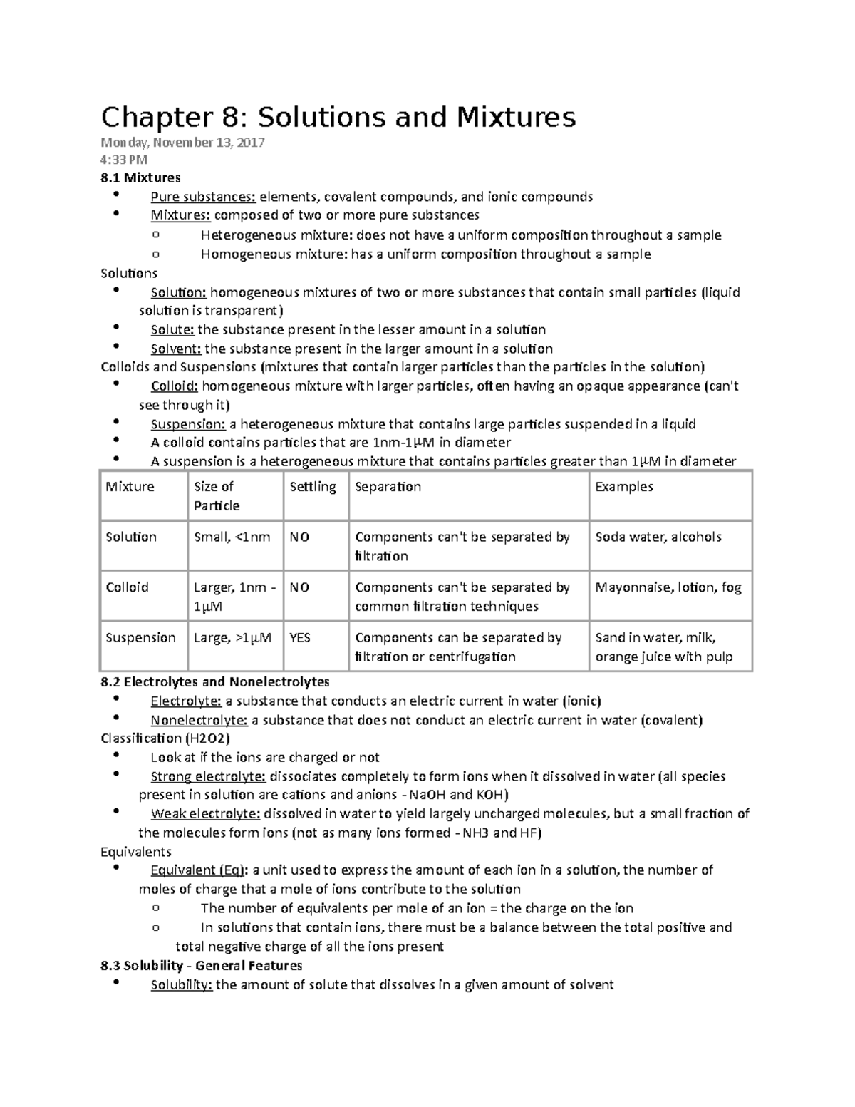 Chapter 8 Solutions And Mixtures - Chapter 8: Solutions And Mixtures ...