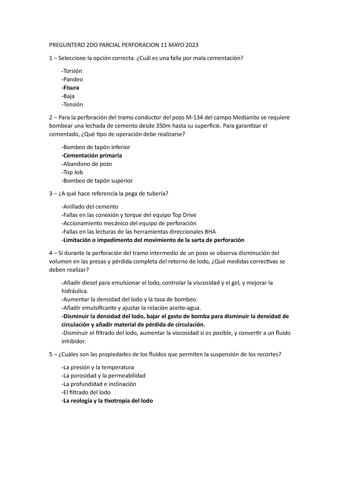 Preguntero 2DO Parcial Perforacion 11 MAYO 2023 - PREGUNTERO 2DO ...