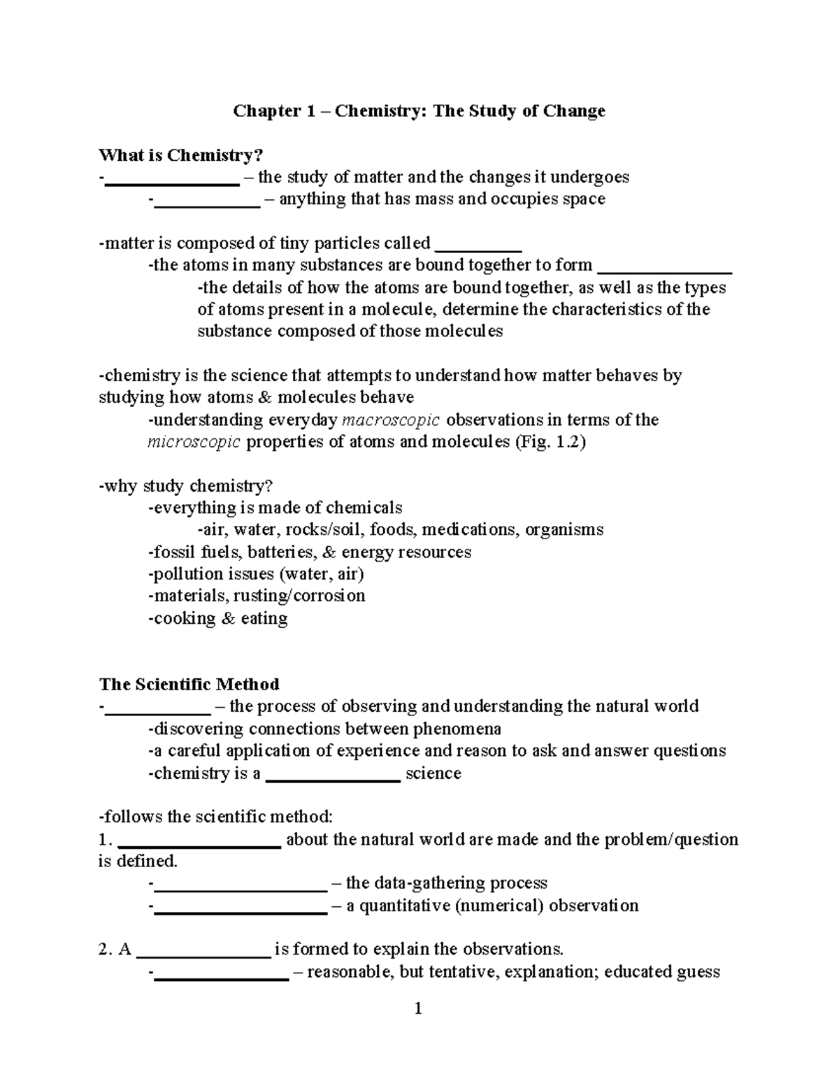 150 ch1 notes student - Chapter 1 – Chemistry: The Study of Change What ...