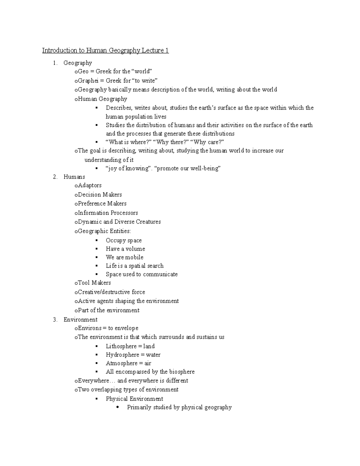Introduction to Human Geography Lecture 1 - “promote our well-being ...