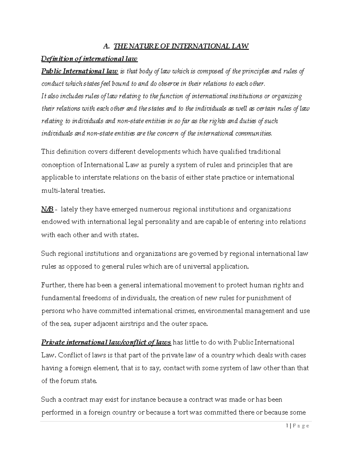 Public International LAW Lecture Notes - A. THE NATURE OF INTERNATIONAL ...