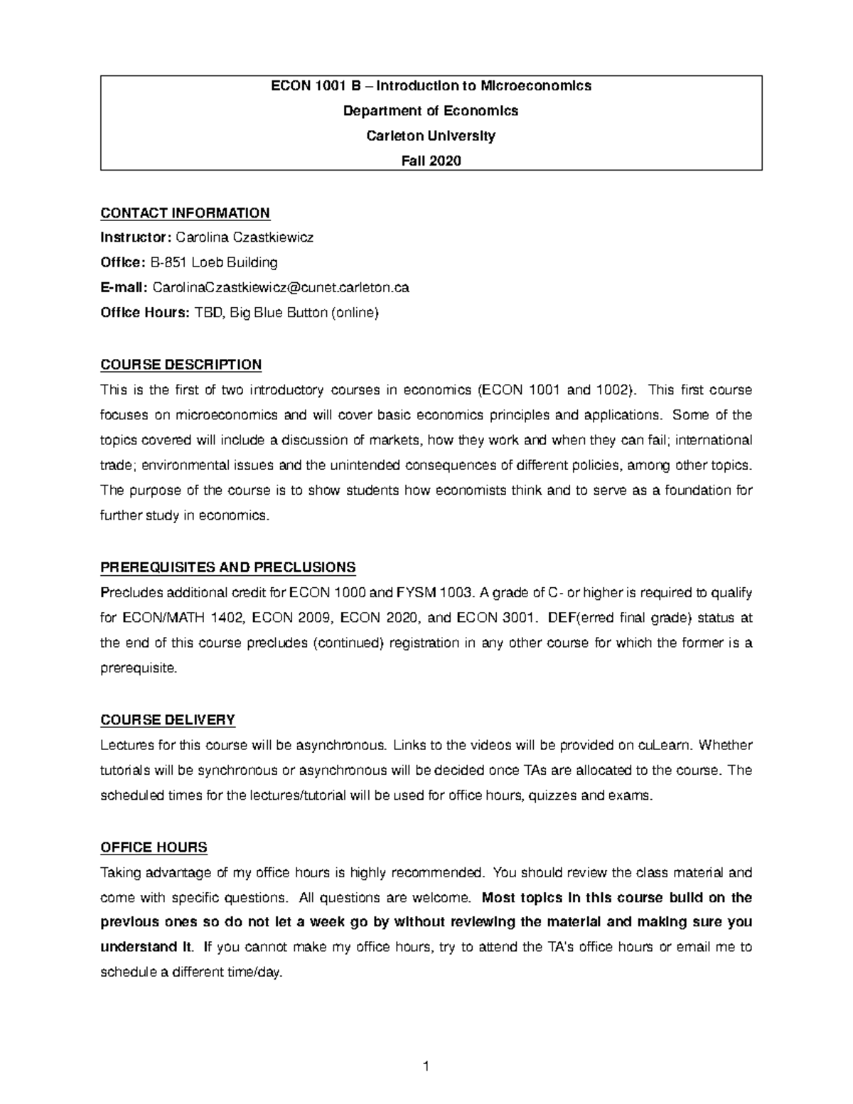 ECON1001 Course Outline - ECON 1001 B Introduction To Microeconomics ...