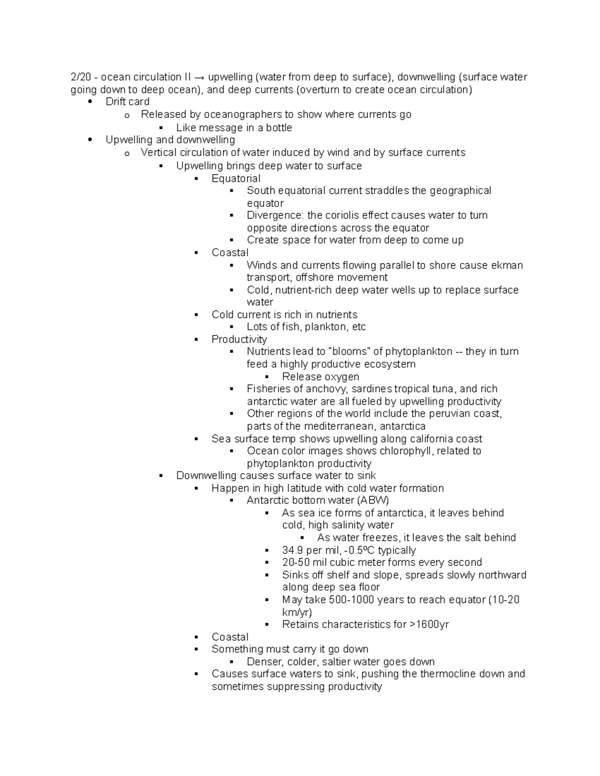 Lecture notes #20 - 2/20 - ocean circulation II → upwelling (water from ...