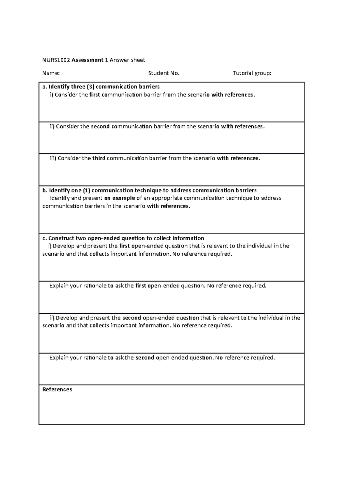 NURS1002 Assessment 1 Answer Sheet - NURS1002 Name: Assessment 1 Answer ...