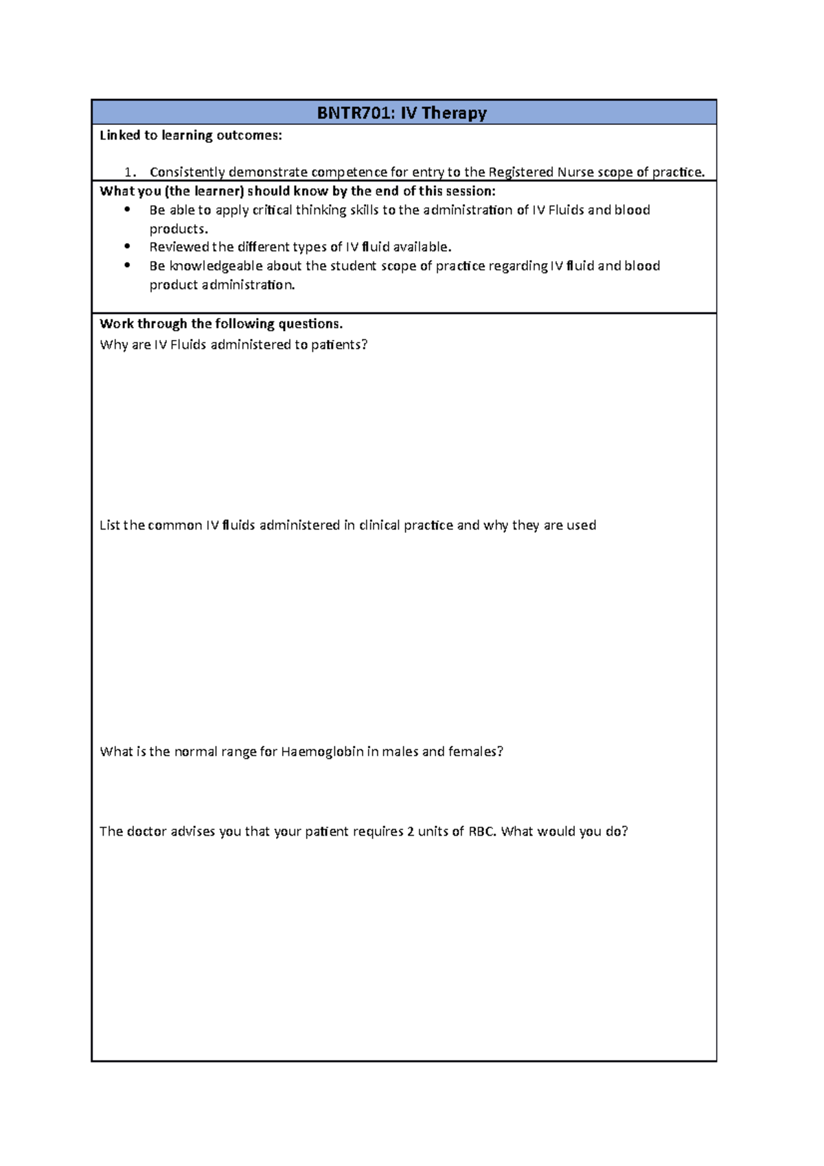 IV Therapy self directed worksheet - BNTR701: IV Therapy Linked to ...