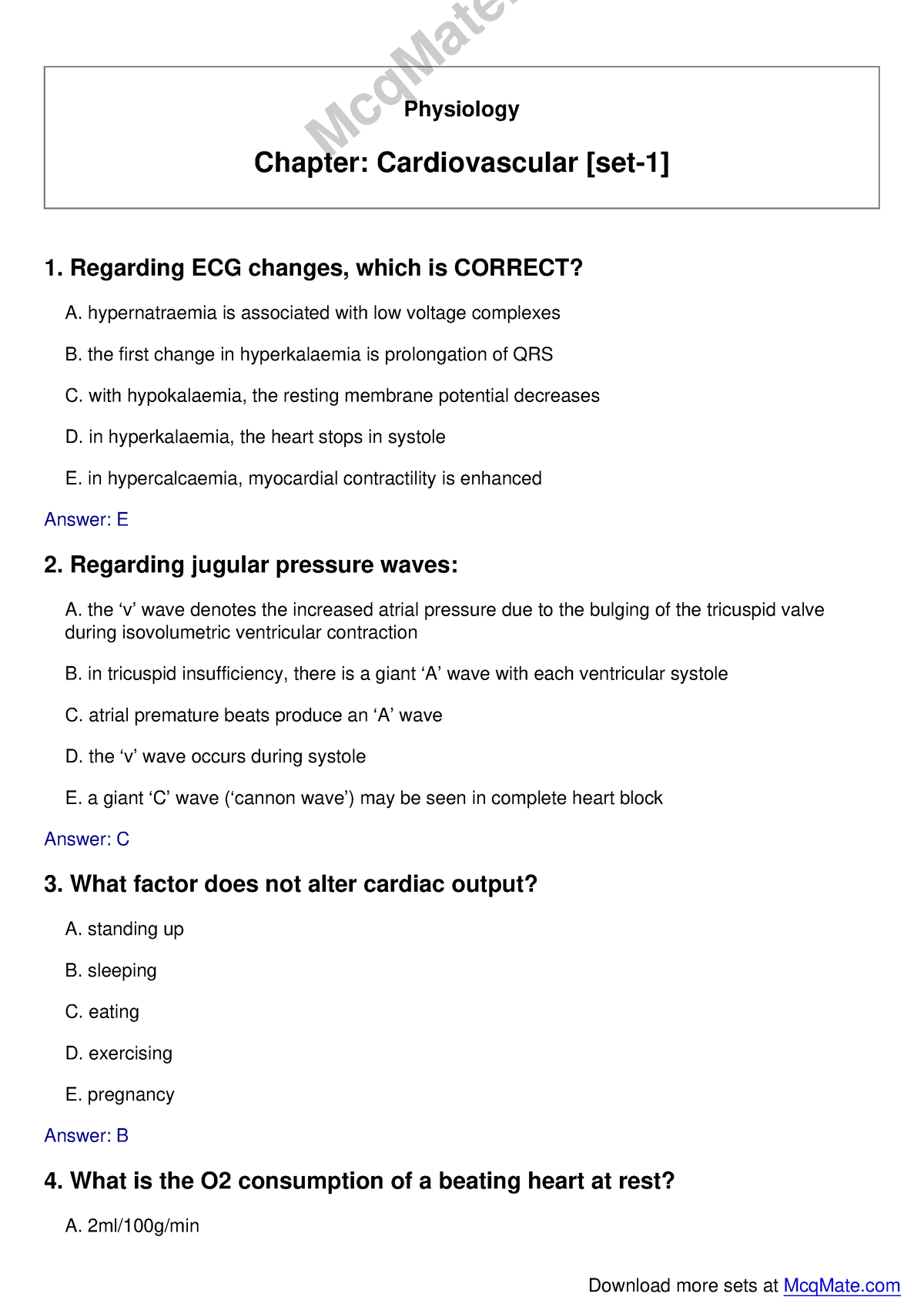 Physiology (cardiovascular [set-1]) Solved MCQs Mcq Mate - Physiology ...