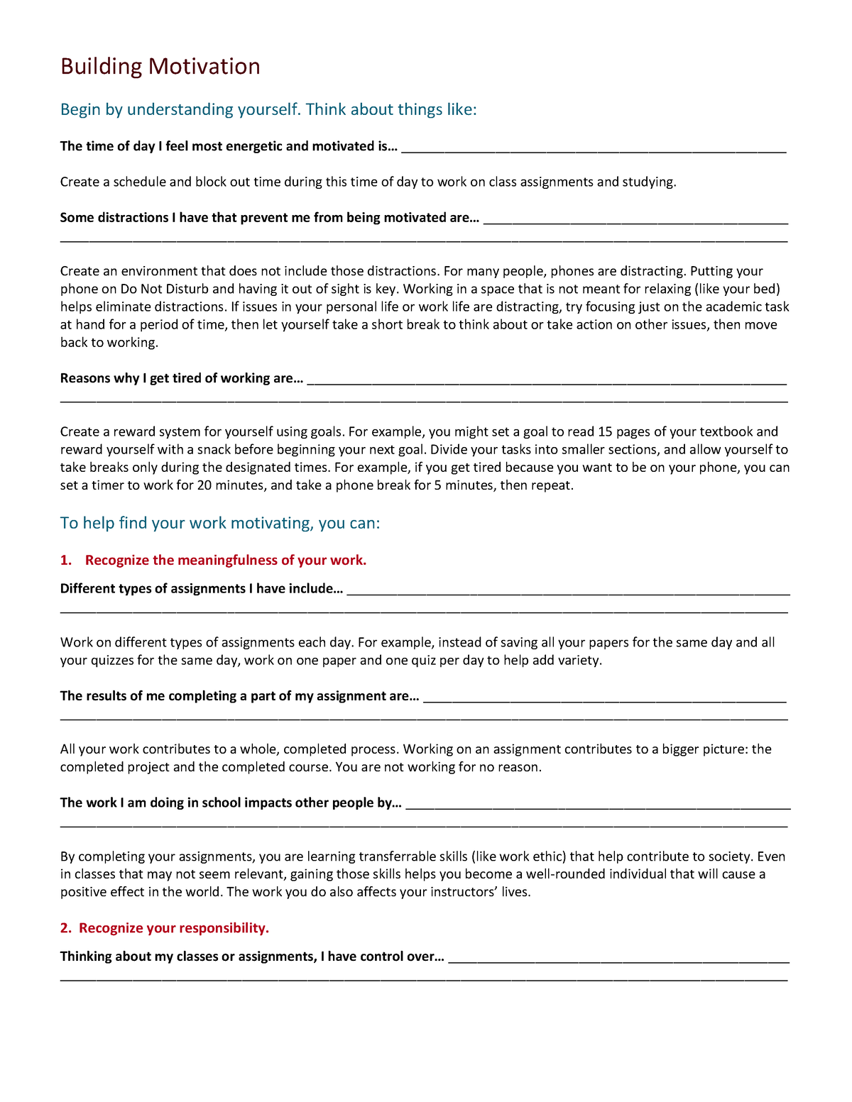 Building Motivation Worksheet - Building Motivation - Studocu