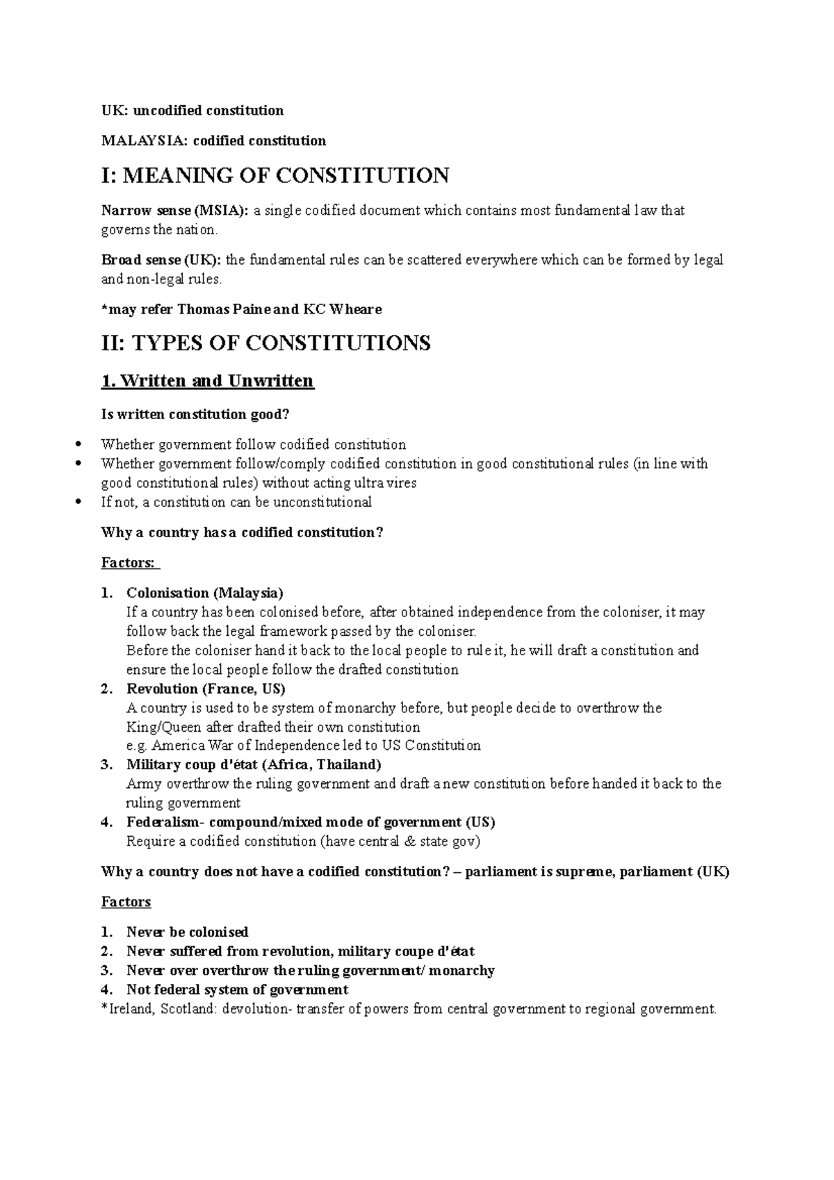 Chapter 1 lecture - UK: uncodified constitution MALAYSIA: codified ...