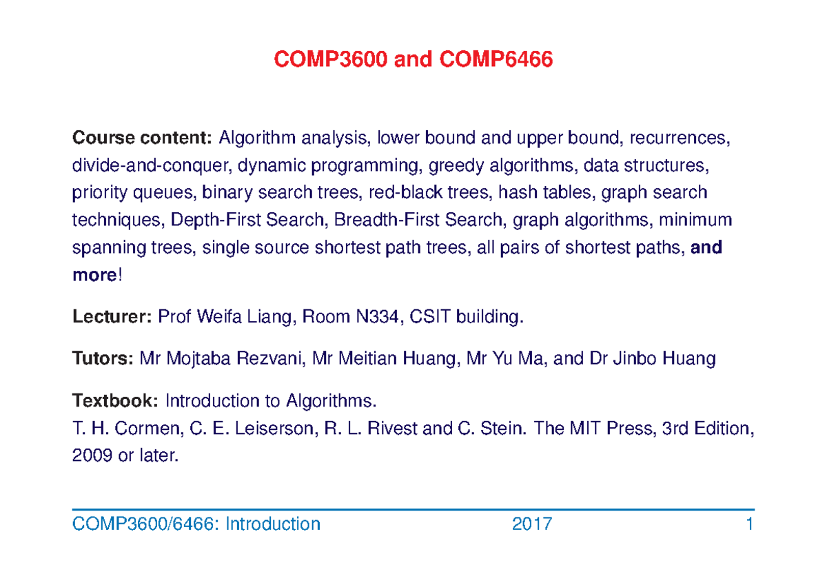 Alg lec01 introduction 2017 - COMP3600 and COMP6466 Course content ...