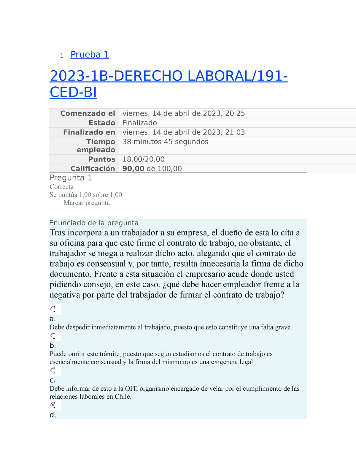 Derecho Laboral Prueba 1 - 1. Prueba 1 2023-1B-DERECHO LABORAL/191- CED ...