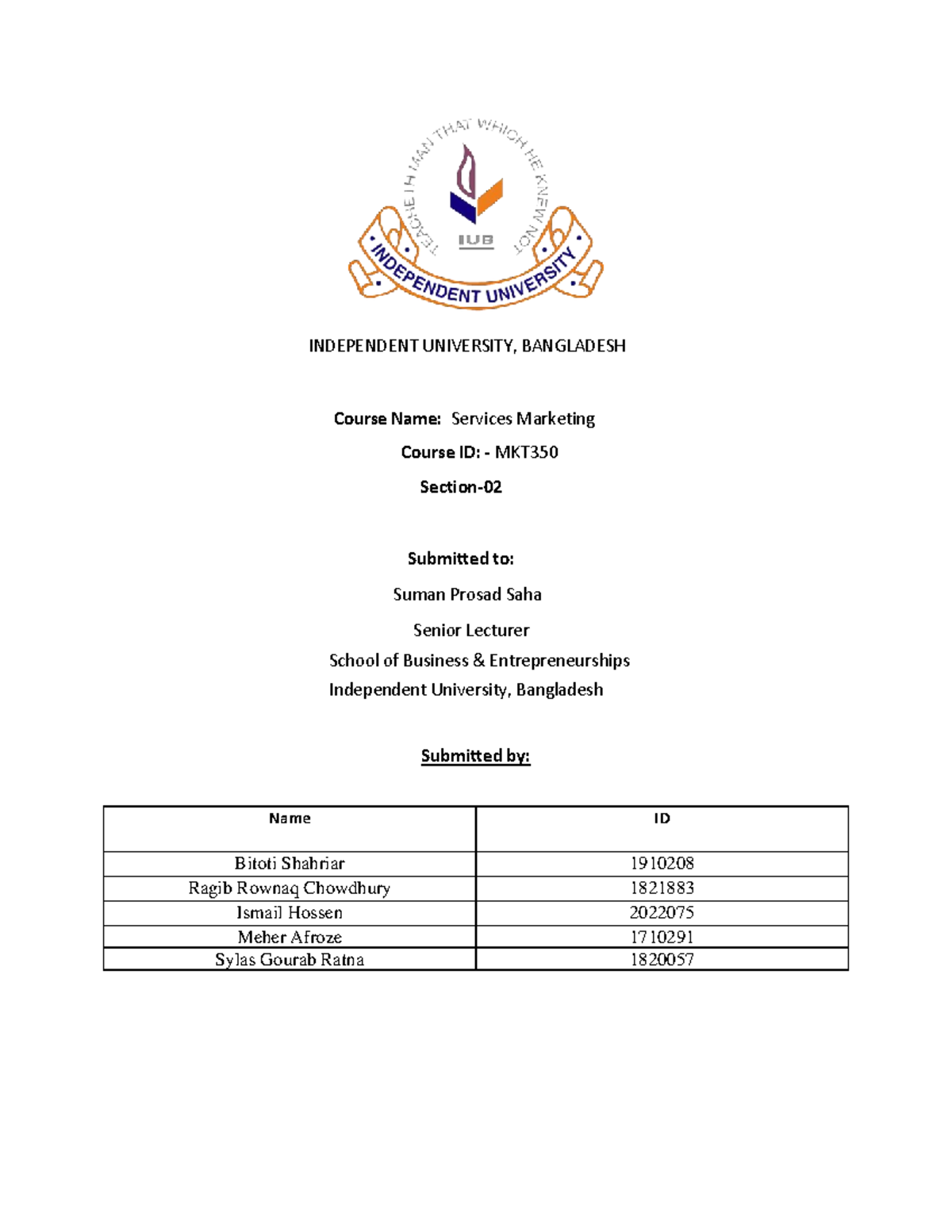 Final-report-mkt350 - Urt - INDEPENDENT UNIVERSITY, BANGLADESH Course ...