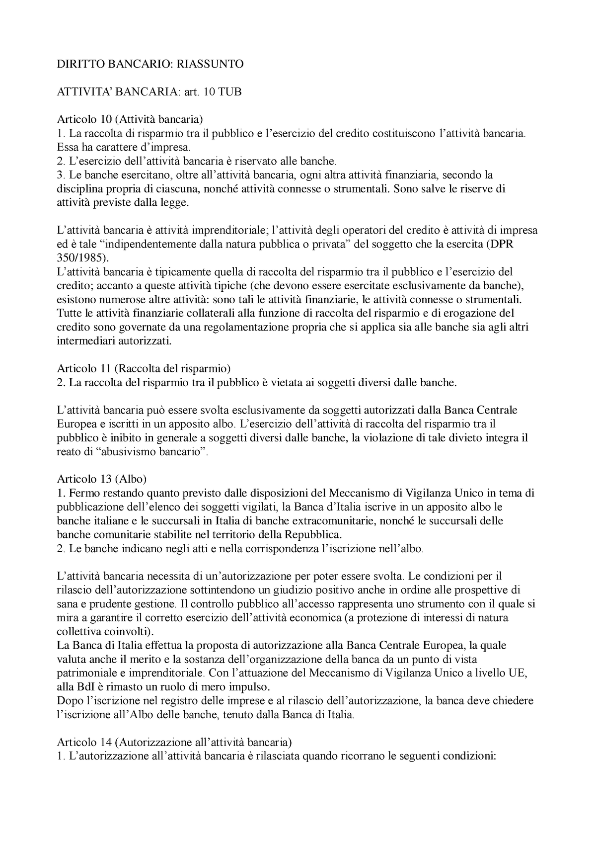 Diritto Bancario - DIRITTO BANCARIO: RIASSUNTO ATTIVITA’ BANCARIA: Art ...