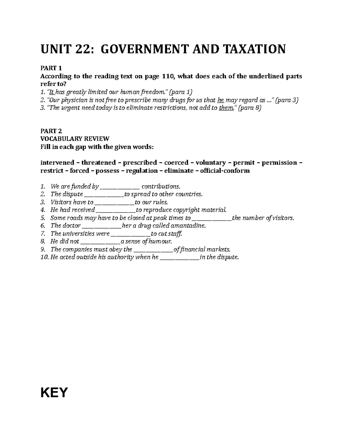 UNIT 22- Handout - ENGLISH - UNIT 22: GOVERNMENT AND TAXATION PART 1 ...
