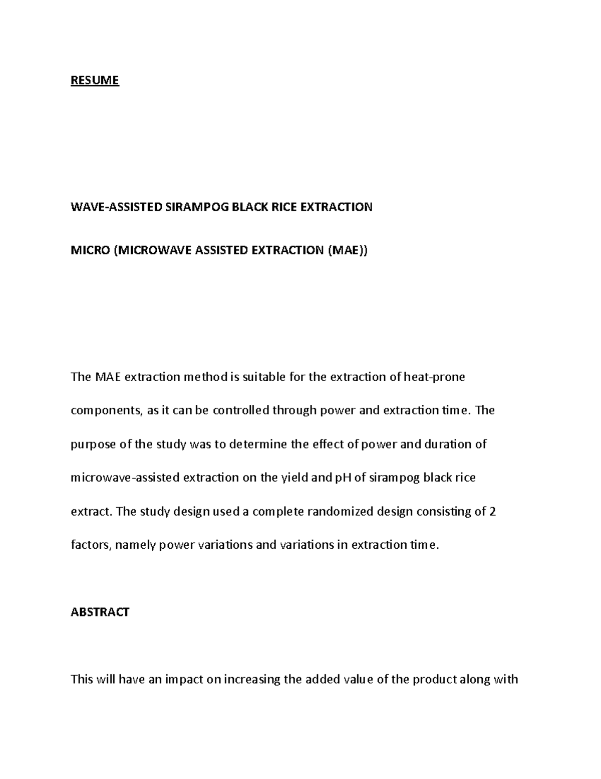 WAVE- Assisted Sirampog Black RICE Extraction - RESUME WAVE-ASSISTED ...