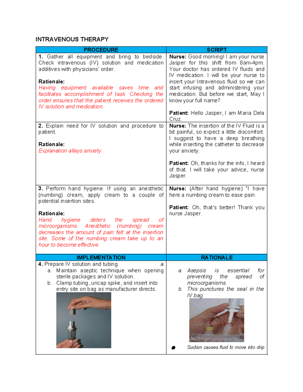 Intravenous Therapy Guide Checklist - INTRAVENOUS THERAPY PROCEDURE ...