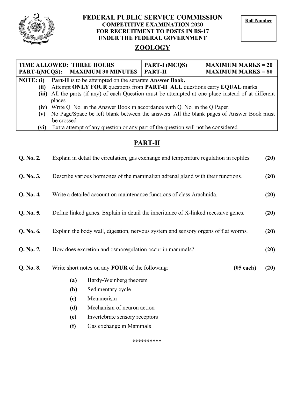 css paper of Zoology - 2010 Zoology 2020 - TIME ALLOWED: THREE HOURS ...