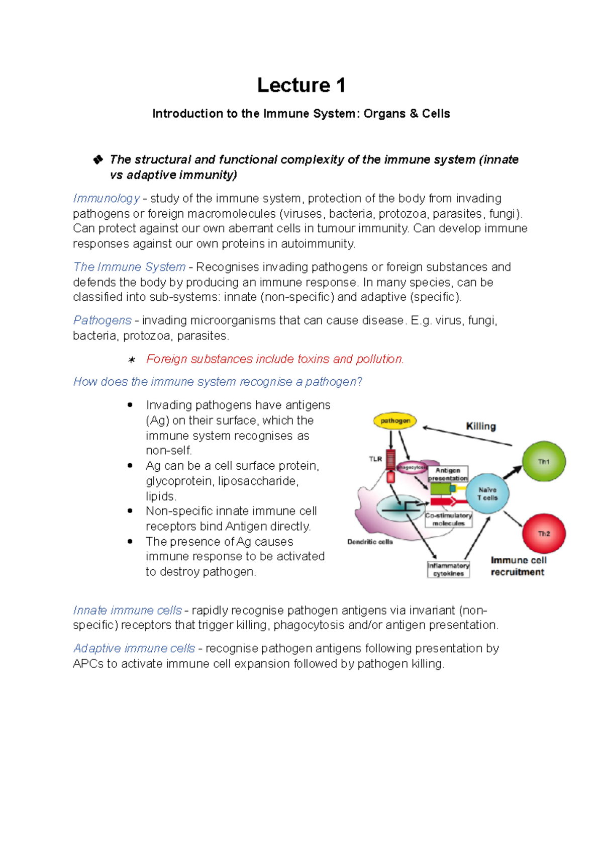 IM Lecture 1 - Lecture 1 Introduction to the Immune System: Organs ...