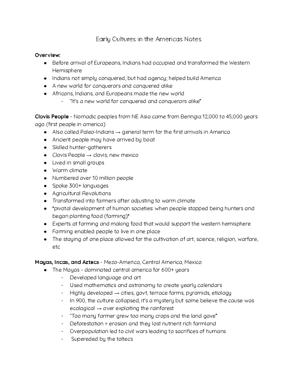 HIST 105 Early Cultures in the Americas Notes - Early Cultures in the ...